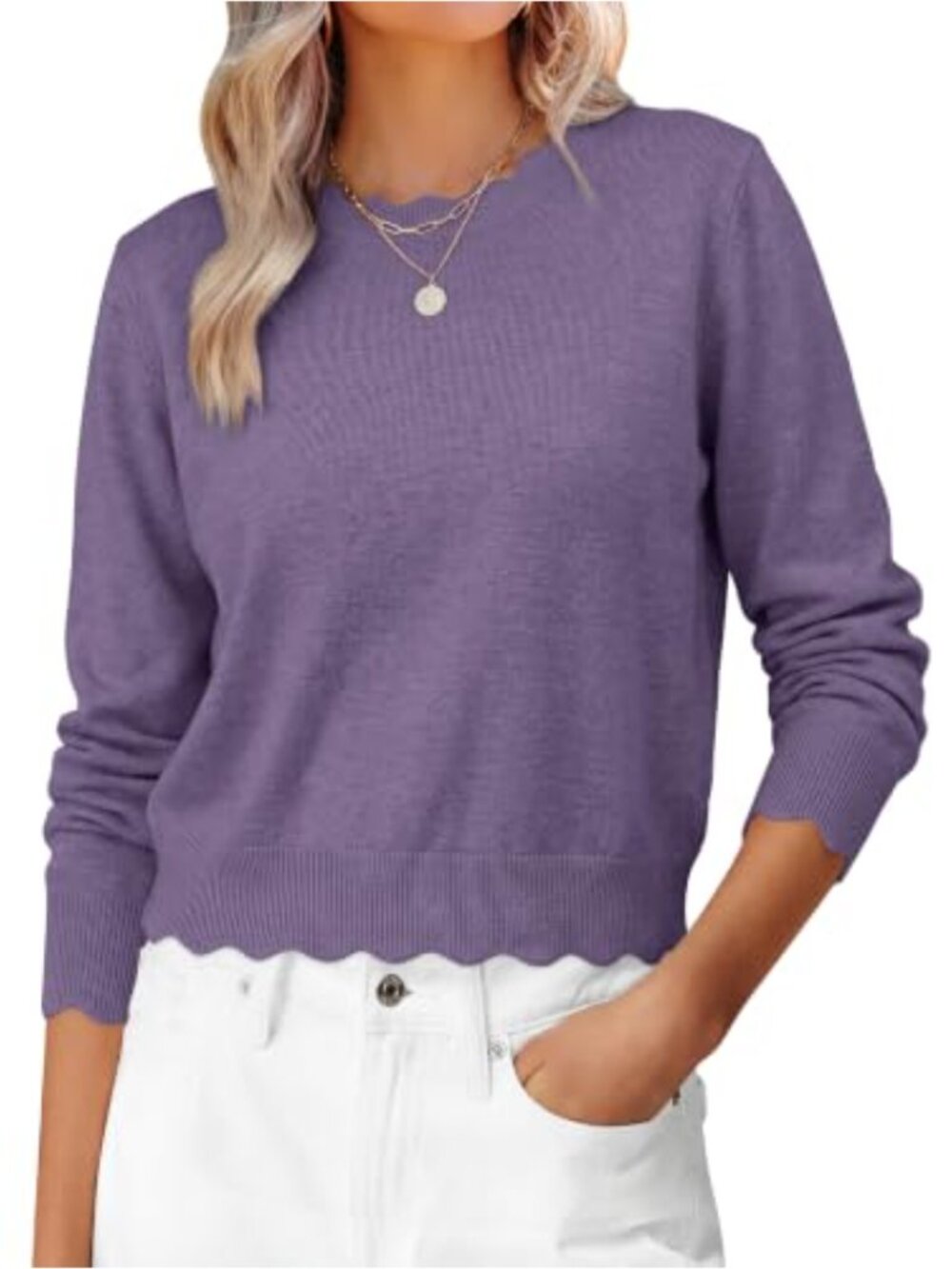 Ribbed Knit Cropped Sweater Scallop Edge Lightweight Pullover Long Sleeve